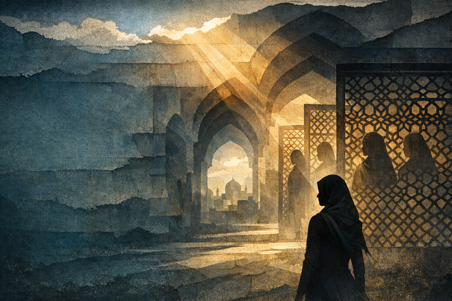 Symbolic collage about pressure, architecture and female resilience