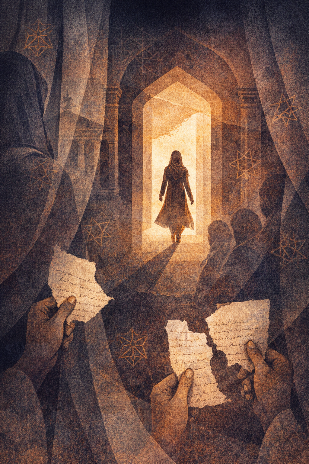 Symbolic illustration about silence, justice and an opening toward light